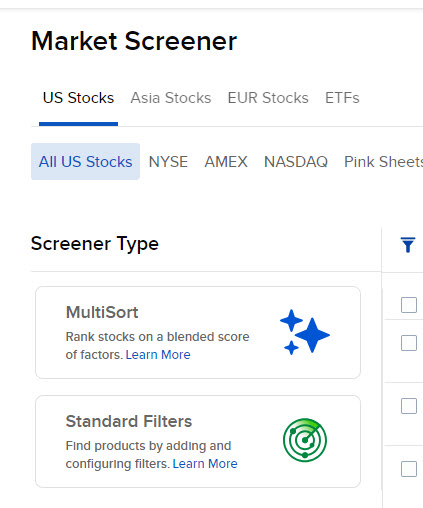 The Market Screener filters